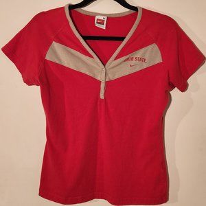 Vintage Nike Womens Medium Ohio State V Neck T shirt 1/4 Button Down Red/ Grey